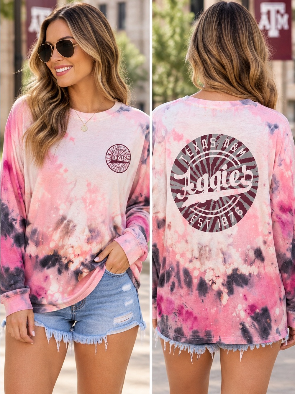 Texas A&M Aggies Tie-Dye Long Sleeve Tee - Pink Blue Maroon tee